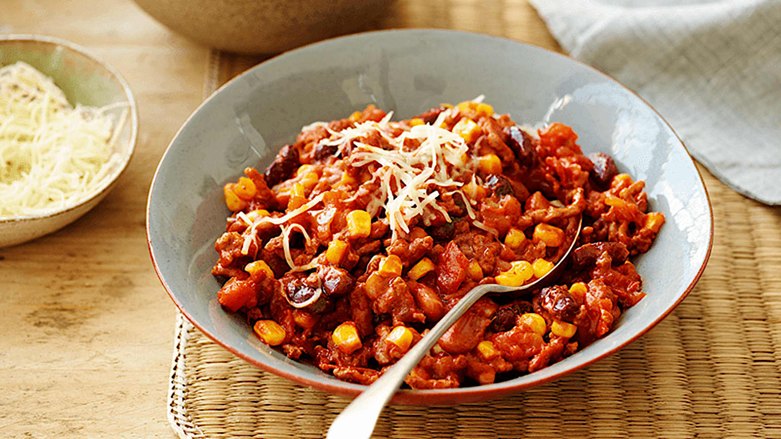 Enchilada Chili served in a white bowl